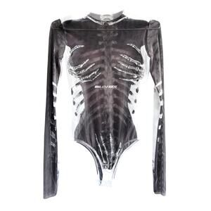 Milerobot Bodysuit "ATÉ" , Skeleton Print, Sheer Mesh Long Sleeve, Medium, Black